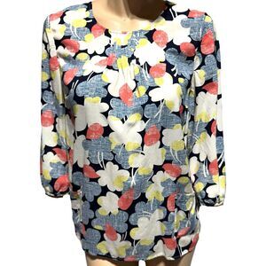 Boden Floral Blouse 3/4 Sleeve Top Size US 16 Pintuck Neck Front Pockets